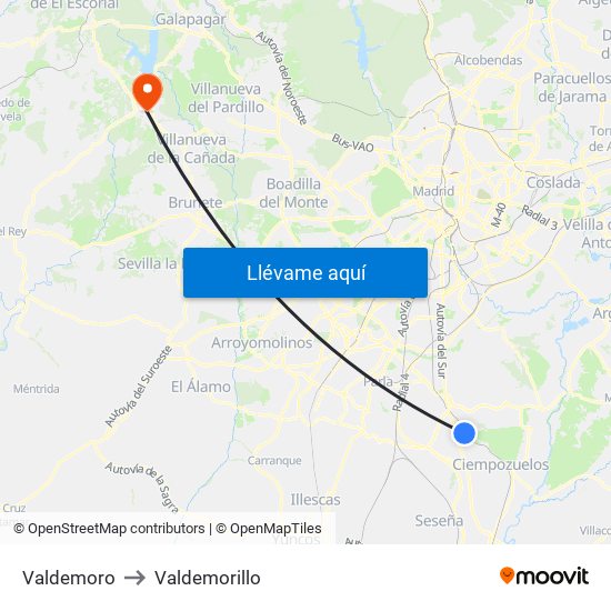 Valdemoro to Valdemorillo map