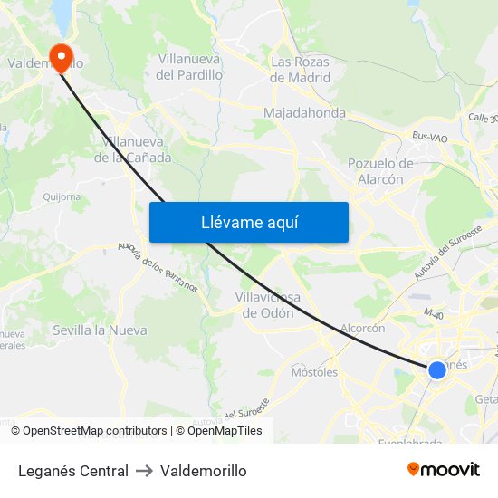 Leganés Central to Valdemorillo map