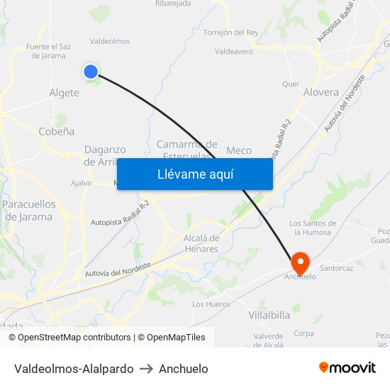 Valdeolmos-Alalpardo to Anchuelo map