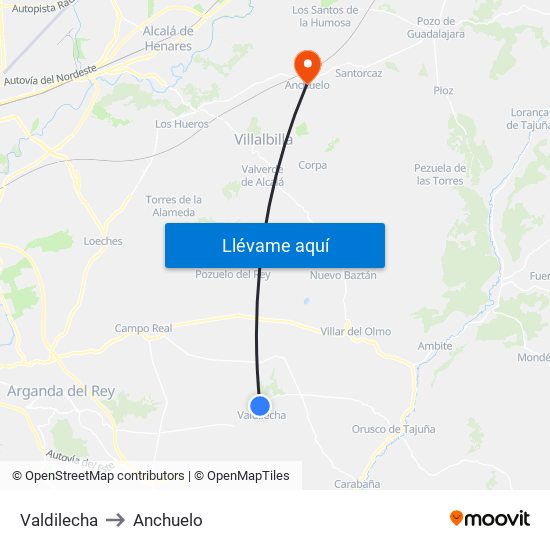 Valdilecha to Anchuelo map