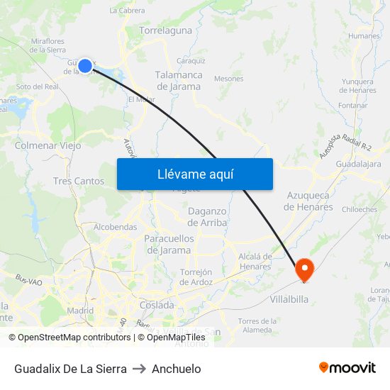 Guadalix De La Sierra to Anchuelo map