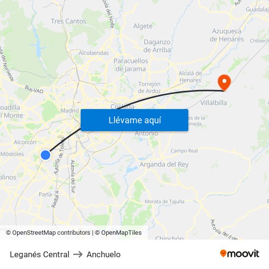 Leganés Central to Anchuelo map