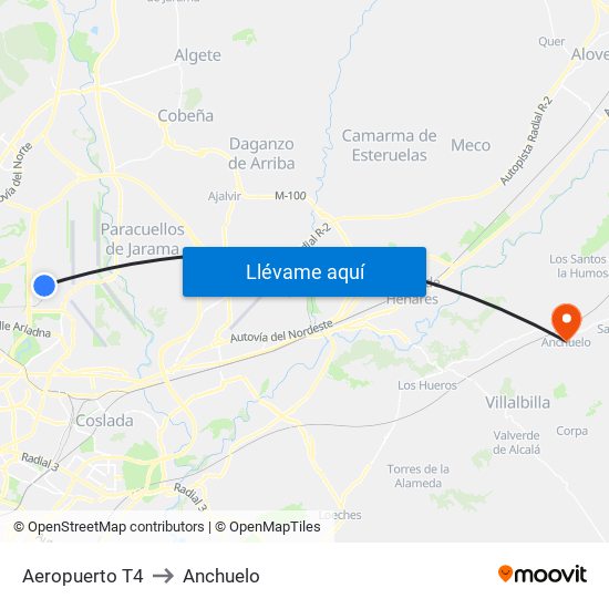 Aeropuerto T4 to Anchuelo map