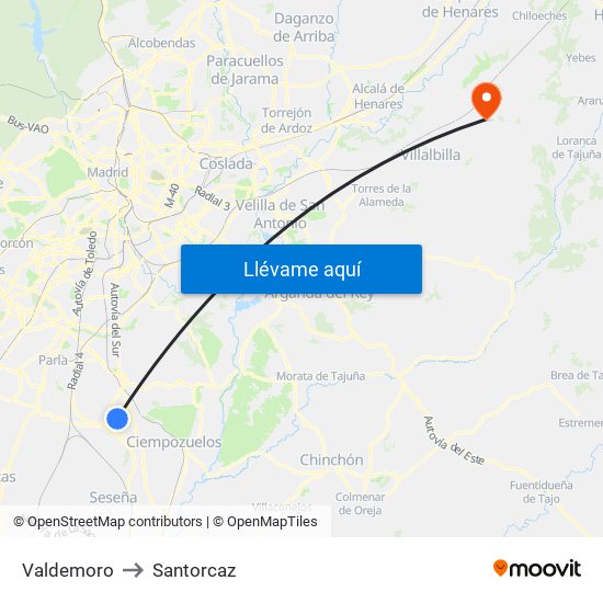 Valdemoro to Santorcaz map
