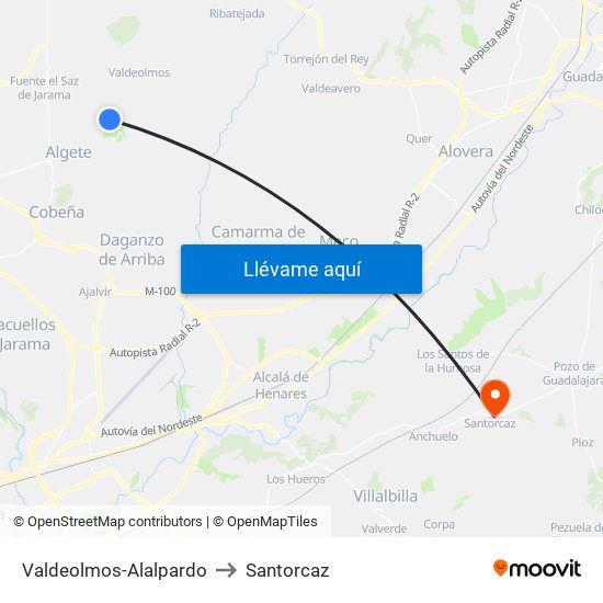 Valdeolmos-Alalpardo to Santorcaz map