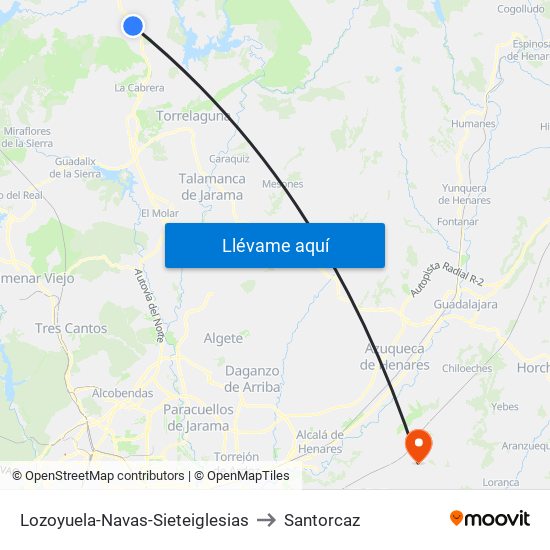 Lozoyuela-Navas-Sieteiglesias to Santorcaz map