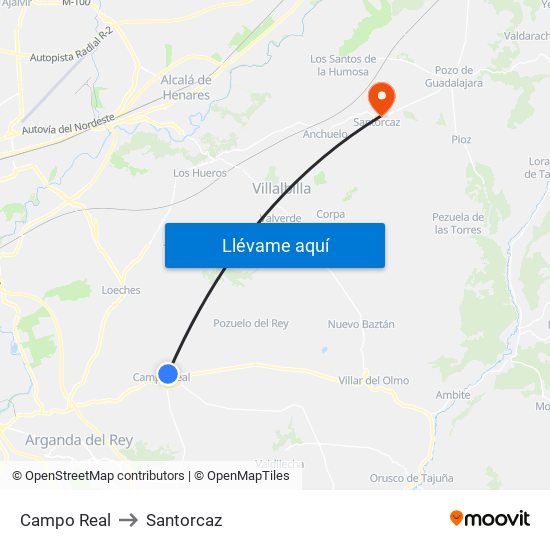Campo Real to Santorcaz map