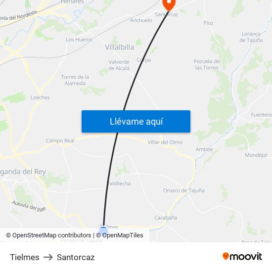 Tielmes to Santorcaz map