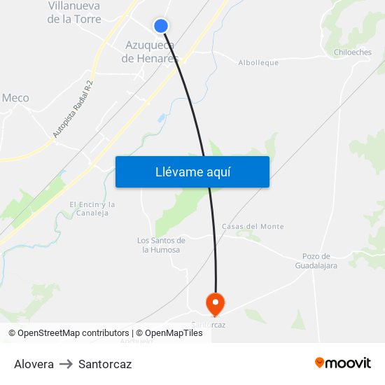Alovera to Santorcaz map