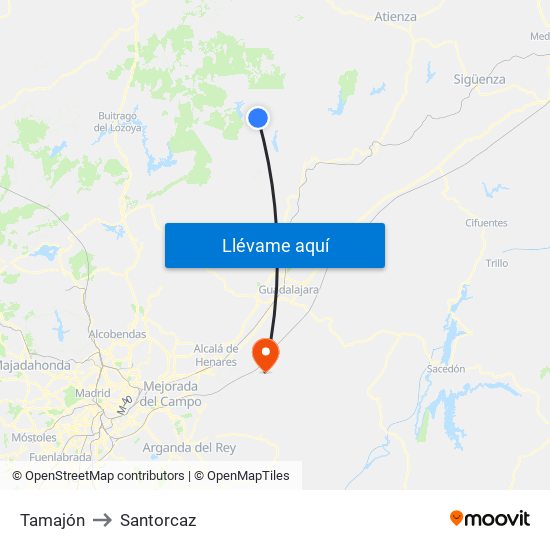 Tamajón to Santorcaz map