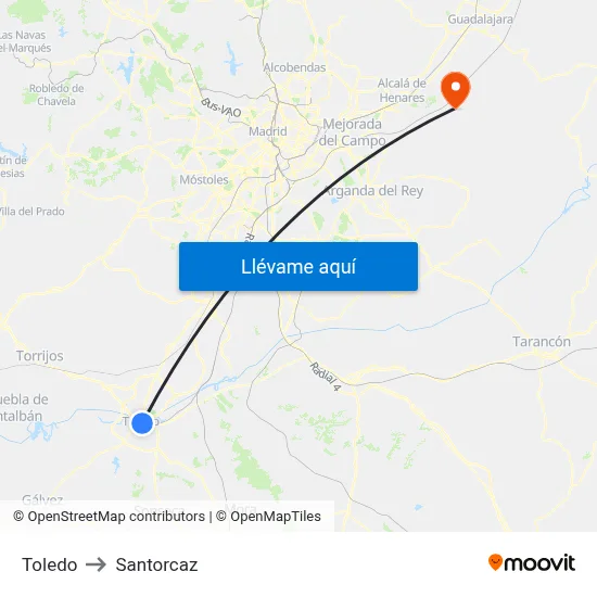 Toledo to Santorcaz map