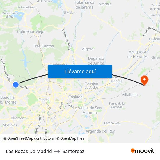 Las Rozas De Madrid to Santorcaz map