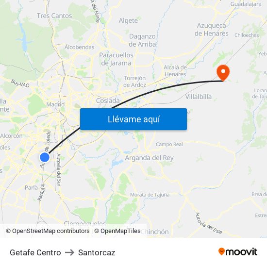 Getafe Centro to Santorcaz map