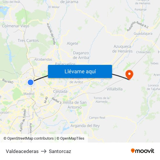 Valdeacederas to Santorcaz map