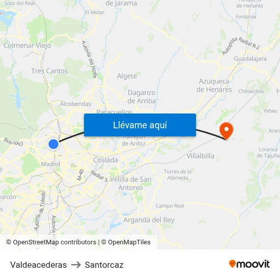 Valdeacederas to Santorcaz map