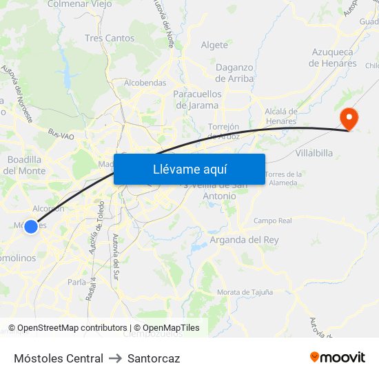 Móstoles Central to Santorcaz map