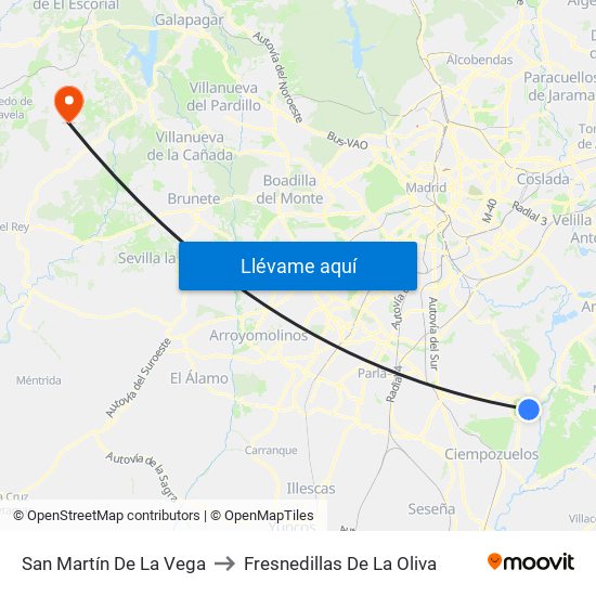 San Martín De La Vega to Fresnedillas De La Oliva map