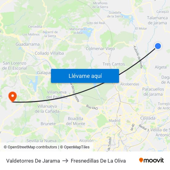 Valdetorres De Jarama to Fresnedillas De La Oliva map
