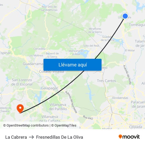 La Cabrera to Fresnedillas De La Oliva map