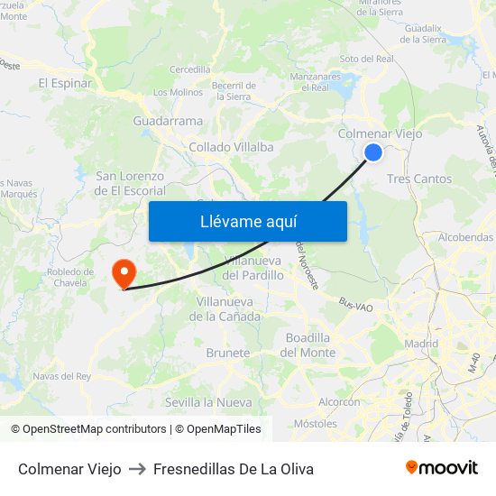 Colmenar Viejo to Fresnedillas De La Oliva map