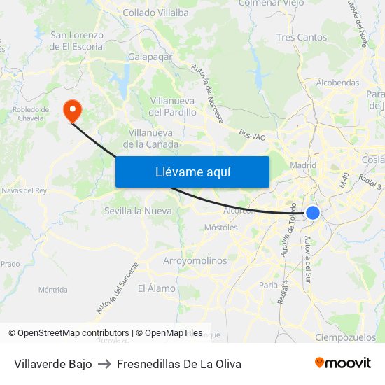 Villaverde Bajo to Fresnedillas De La Oliva map