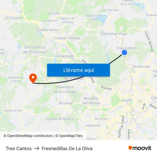 Tres Cantos to Fresnedillas De La Oliva map