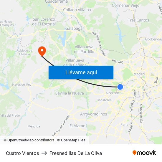 Cuatro Vientos to Fresnedillas De La Oliva map