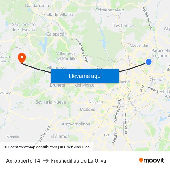 Aeropuerto T4 to Fresnedillas De La Oliva map