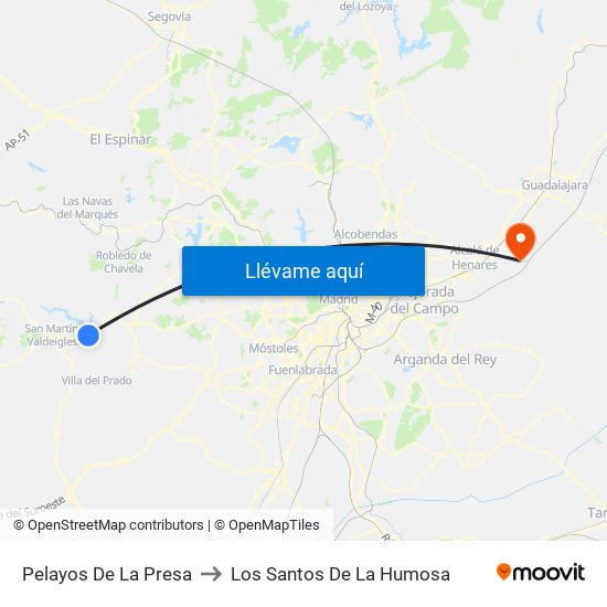 Pelayos De La Presa to Los Santos De La Humosa map