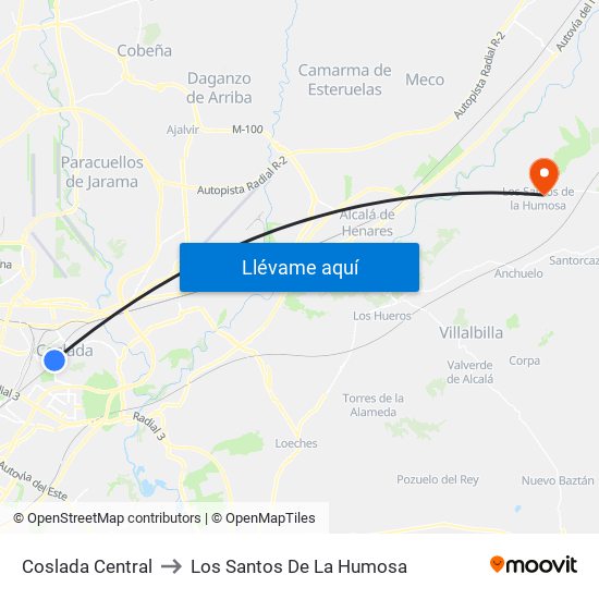 Coslada Central to Los Santos De La Humosa map
