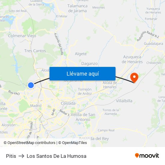Pitis to Los Santos De La Humosa map