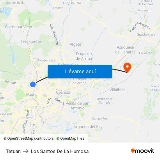 Tetuán to Los Santos De La Humosa map