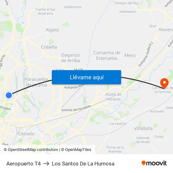 Aeropuerto T4 to Los Santos De La Humosa map