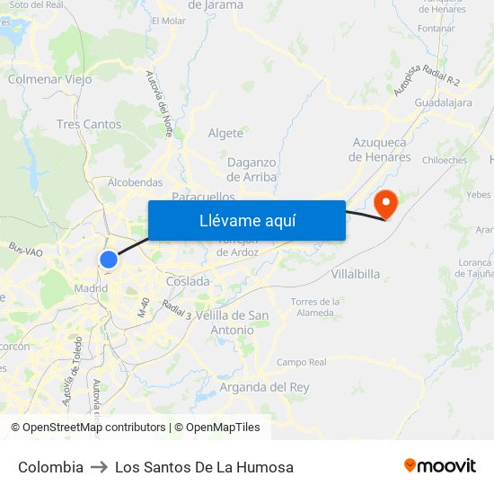 Colombia to Los Santos De La Humosa map