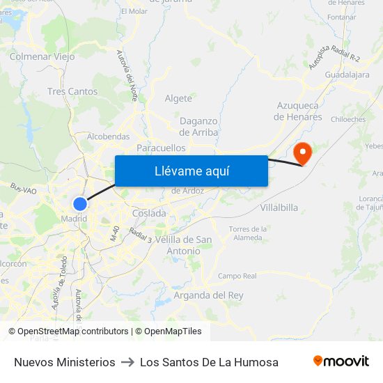 Nuevos Ministerios to Los Santos De La Humosa map