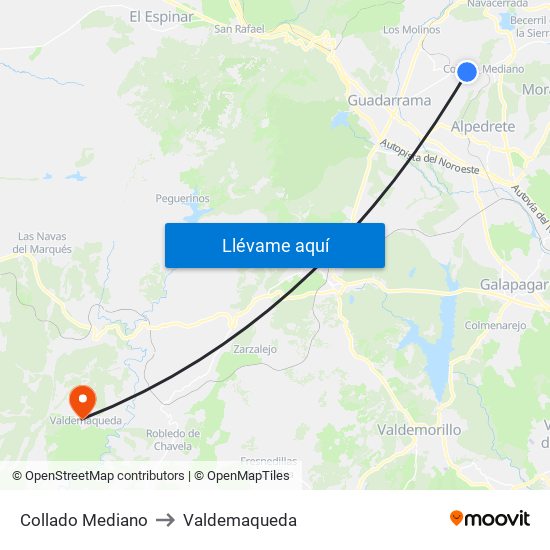Collado Mediano to Valdemaqueda map