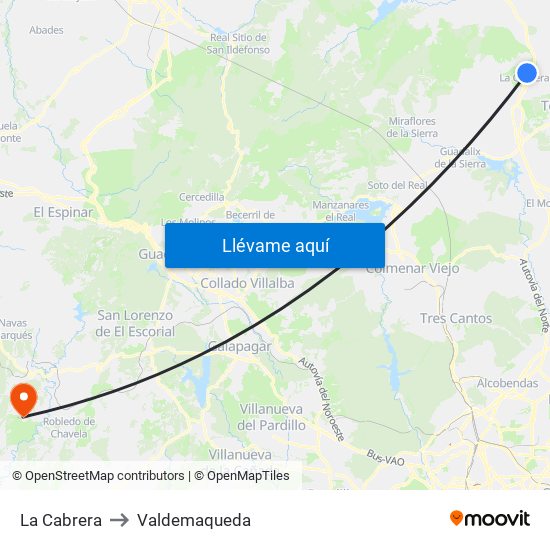 La Cabrera to Valdemaqueda map