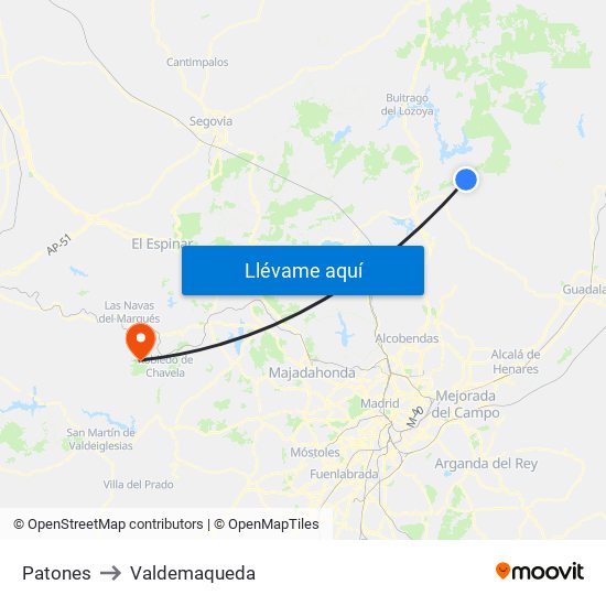 Patones to Valdemaqueda map