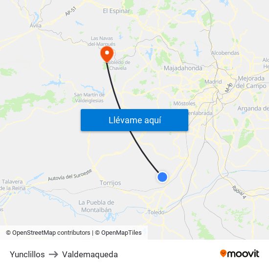 Yunclillos to Valdemaqueda map