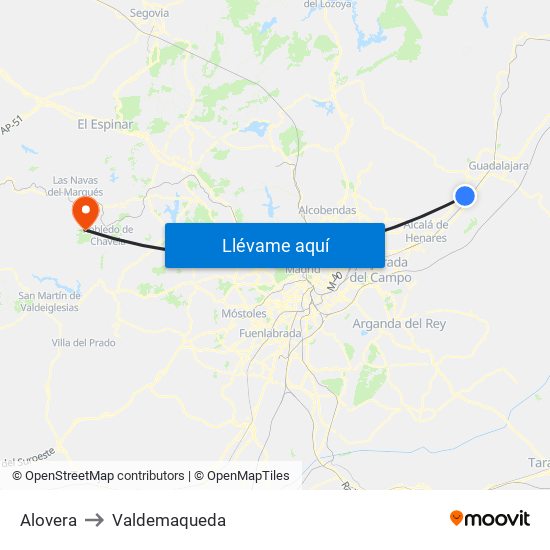Alovera to Valdemaqueda map