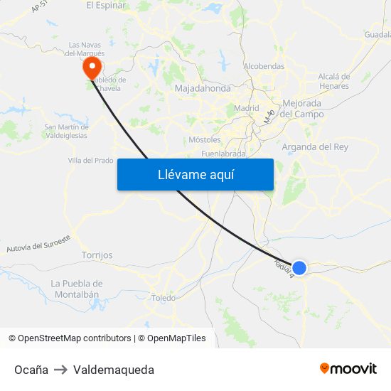 Ocaña to Valdemaqueda map