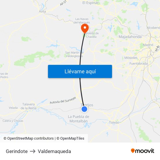 Gerindote to Valdemaqueda map