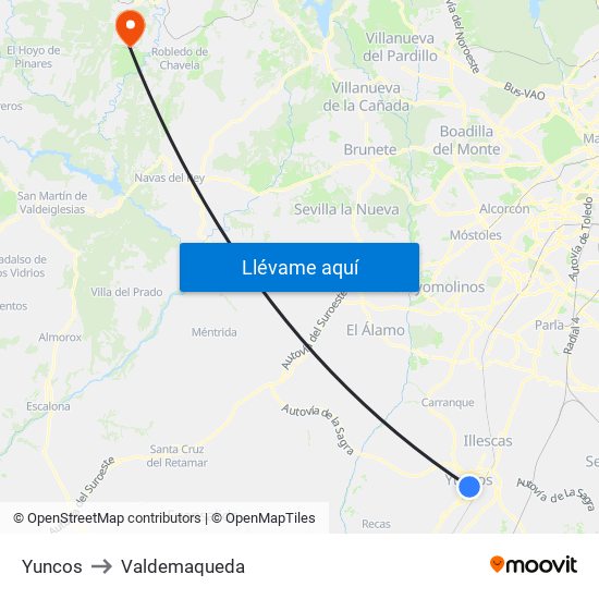 Yuncos to Valdemaqueda map