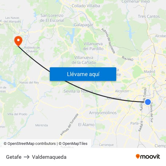 Getafe to Valdemaqueda map