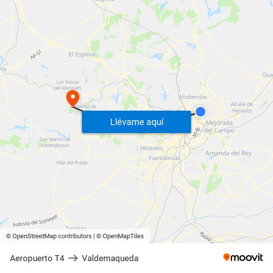 Aeropuerto T4 to Valdemaqueda map