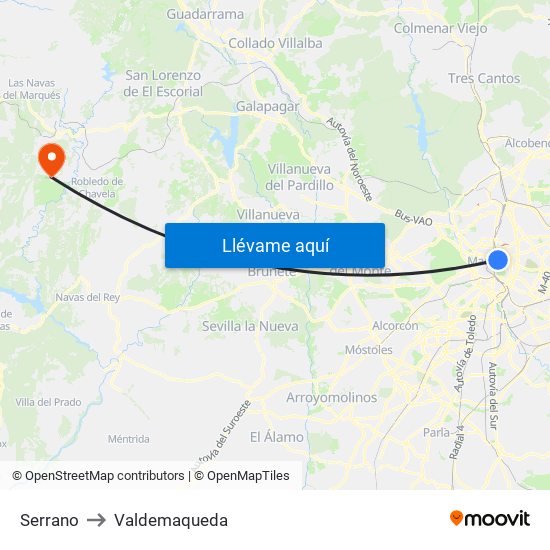 Serrano to Valdemaqueda map