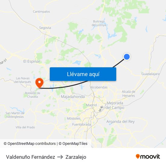 Valdenuño Fernández to Zarzalejo map