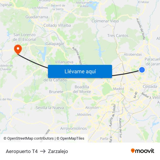 Aeropuerto T4 to Zarzalejo map