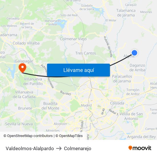 Valdeolmos-Alalpardo to Colmenarejo map