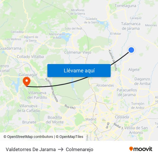 Valdetorres De Jarama to Colmenarejo map